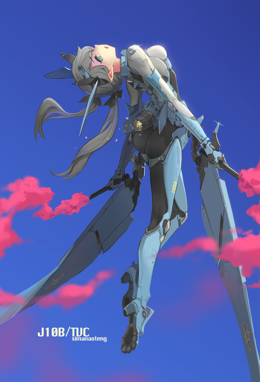 absurdres ass blue_eyes blurry bodysuit boots breasts commentary depth_of_field grey_hair hair_ribbon highres j-10b legs mecha_musume original personification pointy_ears ribbon short_twintails sima_naoteng sky smoke_trail solo twintails