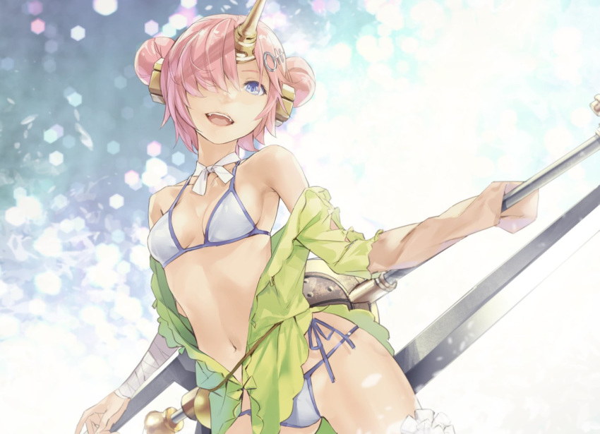 :d bandages bikini blue_bikini blue_eyes blue_ribbon breasts choker cleavage collarbone contrapposto double_bun fate/grand_order fate_(series) frankenstein's_monster_(fate) frankenstein's_monster_(swimsuit_saber)_(fate) green_jacket hair_over_one_eye head_tilt holding horn jacket long_sleeves looking_at_viewer open_clothes open_jacket open_mouth pink_hair redjuice ribbon ribbon_choker short_hair sleeves_past_wrists small_breasts smile solo standing swimsuit white_ribbon