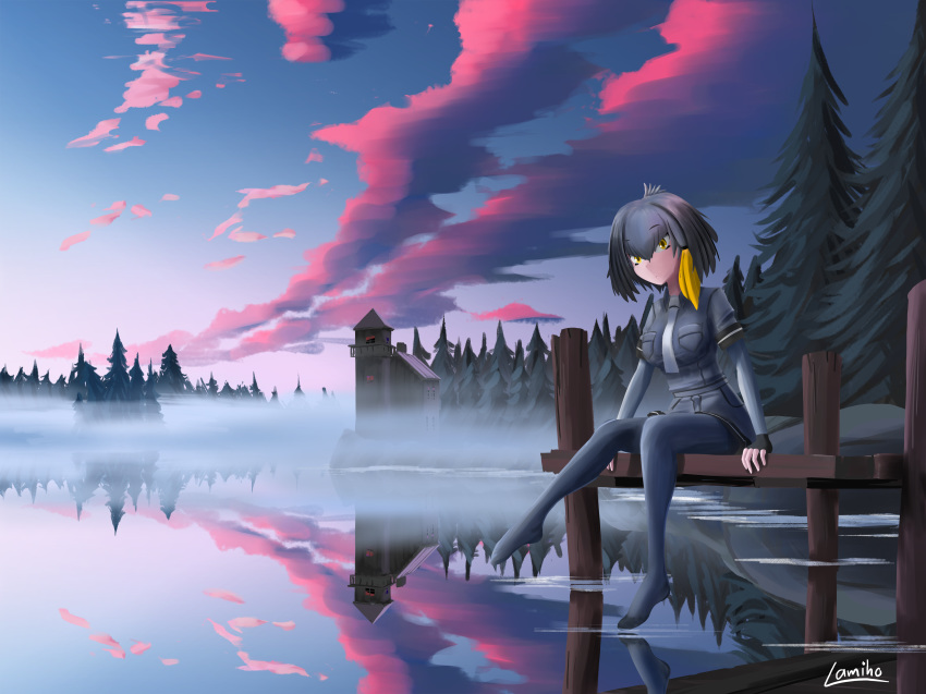 absurdres artist_name bangs black_gloves black_hair bodystocking breast_pocket building cloud cloudy_sky collared_shirt commentary eyebrows_visible_through_hair fingerless_gloves fog forest gloves grey_hair grey_shirt grey_shorts hair_between_eyes highres kemono_friends lake lamiho long_sleeves low_ponytail medium_hair morning multicolored_hair nature necktie no_shoes orange_hair outdoors pantyhose pier pocket reflection scenery shirt shoebill_(kemono_friends) short_over_long_sleeves short_sleeves shorts side_ponytail sitting sky solo tree water white_neckwear wide_shot