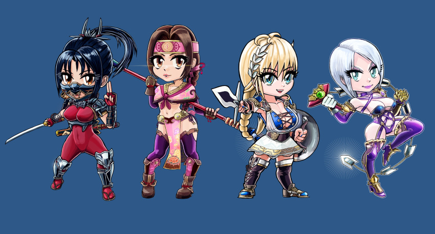 black_hair blonde_hair braid breasts brown_hair chibi cleavage dress highres isabella_valentine large_breasts laurel_crown long_hair mask naginata polearm pondersleuth ponytail seong_mi-na short_dress short_hair silver_hair skin_tight sophitia_alexandra soulcalibur soulcalibur_vi sword taki_(soulcalibur) thighhighs weapon zettai_ryouiki