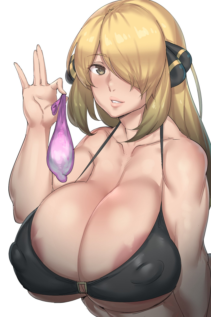 after_sex areola_slip areolae black_bikini_top blonde_hair blush breasts cleavage condom covered_nipples cum dark_areolae hair_ornament hair_over_one_eye highres holding holding_condom huge_breasts lips long_hair looking_at_viewer natedecock pokemon pokemon_(game) pokemon_dppt shirona_(pokemon) smile solo strap_gap toned underboob used_condom white_background yellow_eyes