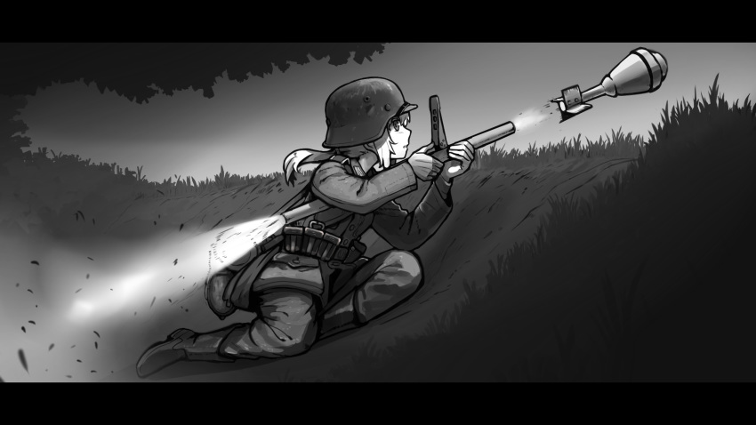 action aiming ammunition_pouch belt blush boots canteen commentary dark epaulettes erica_(naze1940) firing grass greyscale helmet highres kneeling letterboxed load_bearing_equipment looking_afar low_ponytail military military_uniform monochrome original panzerfaust ponytail pouch profile sidelocks soldier solo stahlhelm tree uniform war world_war_ii