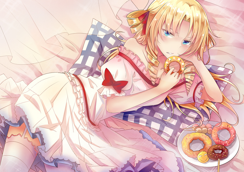 arm_support bangs bare_shoulders blonde_hair blue_eyes bow candy collarbone doughnut drill_hair food frilled_shirt frills garter_straps highres hirakuneko lily_(shinnazuki) long_hair looking_at_viewer lying off-shoulder_shirt on_side parted_bangs parted_lips petticoat pillow plate pleated_skirt quad_drills red_bow red_ribbon ribbon ribbon-trimmed_sleeves ribbon_trim shinnazuki shirt skirt skirt_set solo thighhighs twin_drills white_legwear white_shirt white_skirt