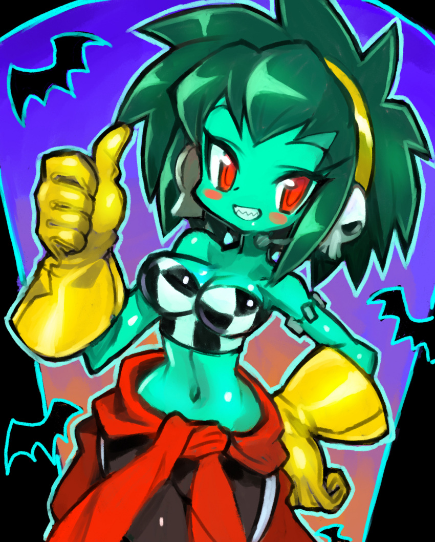 absurdres alternate_hair_color alternate_hairstyle bare_arms bare_shoulders blush breasts cleavage clothes_around_waist commentary_request dakusuta earrings gloves green_hair green_skin hairband halloween hand_on_hip highres jewelry midriff navel red_eyes rottytops shantae_(series) short_hair sidelocks skull_earrings smile solo thumbs_up tsurime yellow_gloves