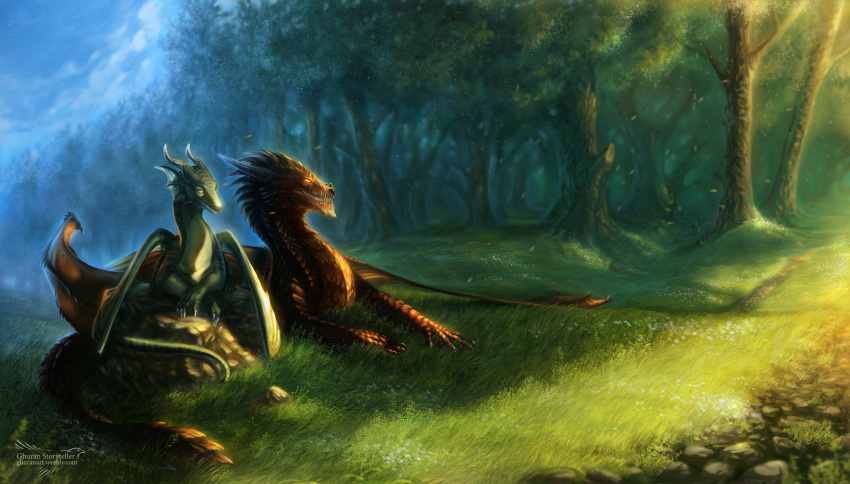 2018 claws day detailed_background digital_media_(artwork) dragon duo feral grass horn hydlunn lying membranous_wings outside rock scalie tree western_dragon wings yellow_eyes