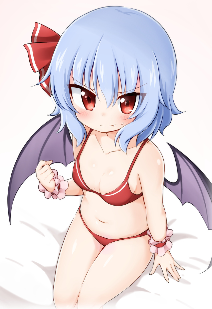 arm_support bangs bare_arms bare_shoulders bat_wings bed_sheet bikini blue_hair blush breasts clenched_hand collarbone commentary_request eyebrows_visible_through_hair eyes_visible_through_hair fang_out feet_out_of_frame gradient gradient_background hair_between_eyes hair_ribbon highres looking_at_viewer navel no_hat no_headwear pink_background red_bikini red_eyes red_ribbon remilia_scarlet ribbon shadow short_hair sitting small_breasts solo stomach suwa_yasai sweat swimsuit thighs touhou tsurime white_background wings wrist_cuffs