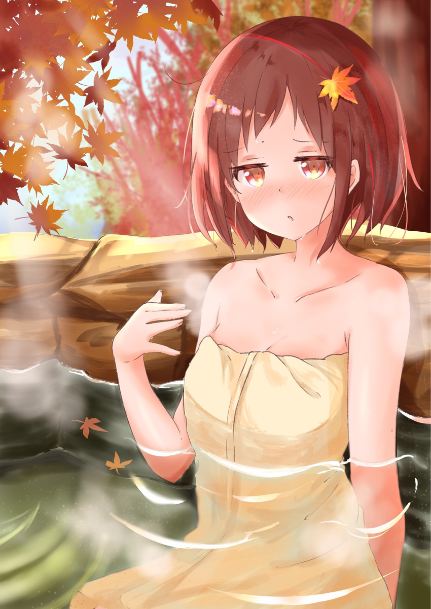 autumn autumn_leaves bang_dream! bare_shoulders blush brown_eyes brown_hair collarbone half-closed_eyes hand_up hazawa_tsugumi highres leaf leaf_on_head looking_at_viewer naked_towel onsen open_mouth partially_submerged rock short_hair solo steam towel tsugumochi water wet yellow_towel