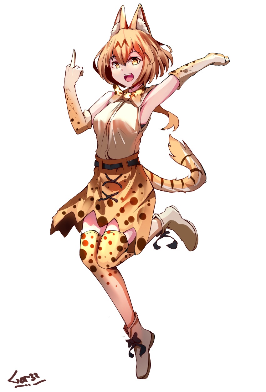 absurdres animal_ears armpits bow bowtie breasts elbow_gloves fang gloves hair_between_eyes highres kemono_friends medium_breasts middle_finger serval_(kemono_friends) serval_ears serval_print serval_tail short_hair solo standing standing_on_one_leg tail tegar32 thighhighs thighs white_background yellow_eyes