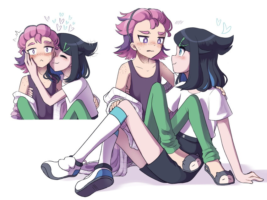2girls :3 black_hair blue_eyes blush dot_(pokemon) eye_contact freckles hair_ornament hair_pulled_back hairclip hand_on_another's_face heart highres liko_(pokemon) looking_at_another medium_hair multiple_girls pokemon pokemon_(anime) pokemon_horizons purple_eyes purple_hair shirt shoes shorts simple_background sitting sleeveless sleeveless_shirt slippers smile snorlax terashards white_background yuri