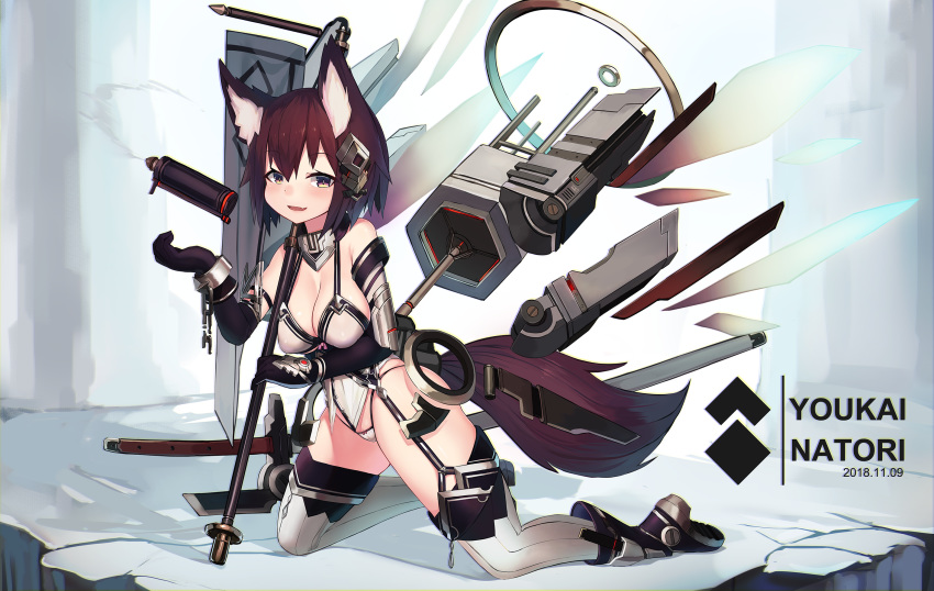 animal_ear_fluff animal_ears artist_name bangs bare_shoulders blush boots bow bow_panties breasts brown_eyes brown_footwear brown_gloves brown_hair bustier cameltoe cleavage commentary_request dated elbow_gloves eyebrows_visible_through_hair fox_ears fox_girl fox_tail gloves hair_between_eyes highres kneeling looking_at_viewer mecha_musume medium_breasts natori_youkai original panties parted_lips ribbed_legwear smile smoke_grenade solo tail thighhighs underwear white_legwear white_panties