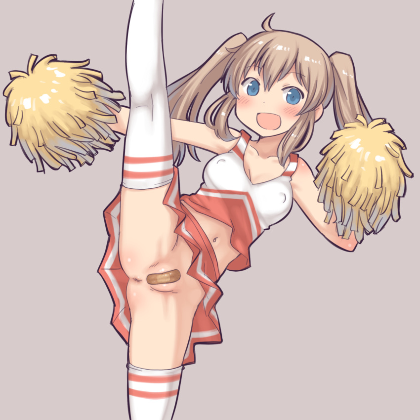 aaaa anus bandaid bandaid_on_pussy blue_eyes blush brown_background brown_hair cheerleader covered_nipples eyebrows_visible_through_hair highres leg_up looking_at_viewer midriff navel no_panties original pom_poms red_skirt simple_background skirt solo thighhighs twintails white_legwear