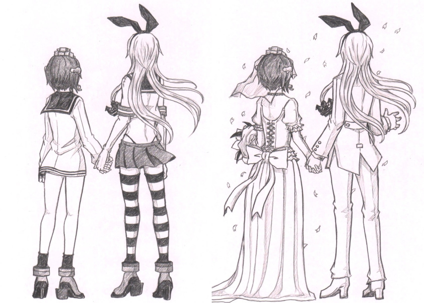 anchor_hair_ornament ballpoint_pen_(medium) bouquet dress elbow_gloves fan flower folding_fan formal gloves gown graphite_(medium) hair_ornament hairband height_difference highleg highleg_panties highres jewelry kantai_collection long_hair mechanical_pencil microskirt monochrome multiple_girls necklace neobandle panties pencil rose rudder_shoes shimakaze_(kantai_collection) short_hair skirt strapless strapless_dress striped striped_legwear suit tiara traditional_media tuxedo underwear wedding wedding_dress wife_and_wife yukikaze_(kantai_collection) yuri