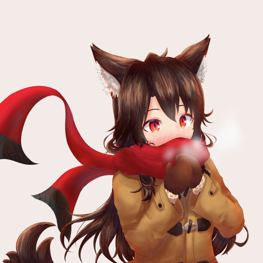 alternate_costume animal_ears beige_background blush breath brown_hair commentary_request contemporary covered_mouth enpera highres imaizumi_kagerou jacket long_hair long_sleeves mittens red_eyes red_scarf scarf simple_background solo tail touhou upper_body wolf_ears wolf_tail yuuyake
