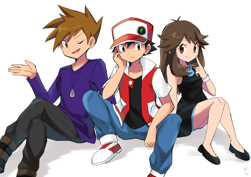 2boys ;) arm_support baseball_cap black_dress black_footwear black_hair blue_(pokemon) bracelet brown_eyes brown_hair chin_rest closed_mouth crossed_legs denim dress finger_to_mouth hat highres jeans jewelry long_sleeves looking_at_viewer multiple_boys necklace one_eye_closed ookido_green open_mouth pants pokemon pokemon_(game) pokemon_lgpe purple_shirt red_(pokemon) red_(pokemon_rgby) sawarabi_(sawarabi725) shirt shoes sidelocks sitting smile sneakers spiked_hair
