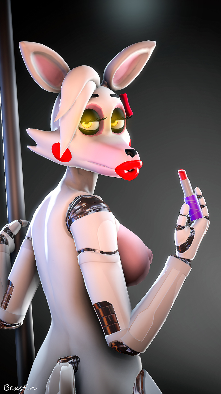 2018 3d_(artwork) animatronic anthro bexstin big_breasts breasts canine crossgender digital_media_(artwork) female five_nights_at_freddy's five_nights_at_freddy's_2 fox hair hi_res lipstick looking_at_viewer machine makeup mammal mangle_(fnaf) nipples nude pole robot simple_background solo source_filmmaker stage video_games