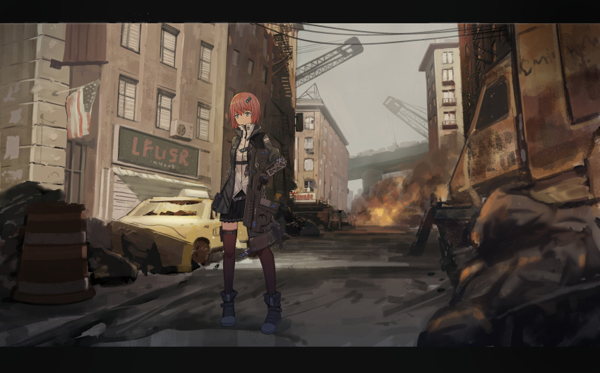 absurdres american_flag asymmetrical_clothes bad_id bad_pixiv_id bangs black_coat black_footwear black_gloves black_skirt breasts brown_legwear building car city cityscape closed_mouth coat crane darcy_(pixiv11949485) day expressionless fire flag gloves grey_eyes grey_sky ground_vehicle gun hair_ornament highres holding holding_gun holding_weapon holster legs_apart letterboxed mechanical_arm military military_uniform miniskirt motor_vehicle open_clothes open_coat original outdoors pleated_skirt red_hair rifle road rubble science_fiction shirt shoes short_hair sign skirt solo standing street thigh_holster thighhighs trigger_discipline truck uniform weapon white_shirt window zettai_ryouiki zipper_pull_tab