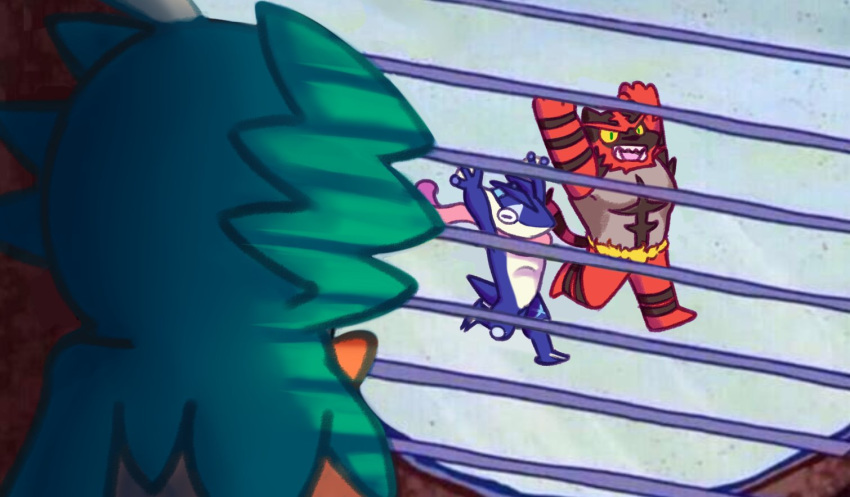 artist_request bird blinds blue_eyes claws decidueye fur gen_6_pokemon gen_7_pokemon greninja incineroar looking_out_window no_humans open_mouth owl parody pokemon pokemon_(creature) pokemon_(game) pokemon_sm pokemon_xy running scarf sharp_teeth shirt smile spongebob_squarepants striped super_smash_bros. super_smash_bros._ultimate tail teeth tongue tongue_out window yellow_sclera