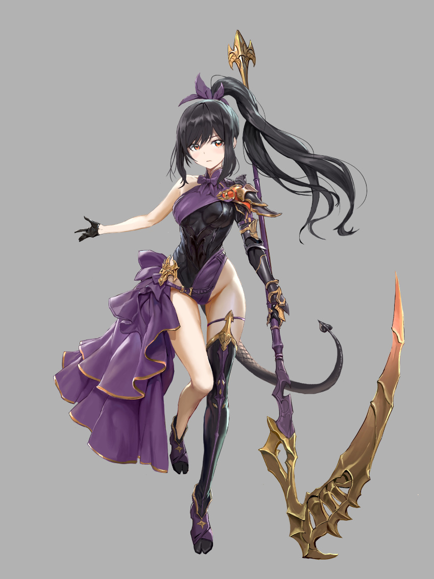 absurdres black_gloves black_legwear bow bracer breasts brown_eyes full_body ggozira gloves grey_background hair_bow highres long_hair looking_at_viewer medium_breasts original ponytail purple_bow scythe shoulder_armor single_thighhigh solo standing tail thighhighs