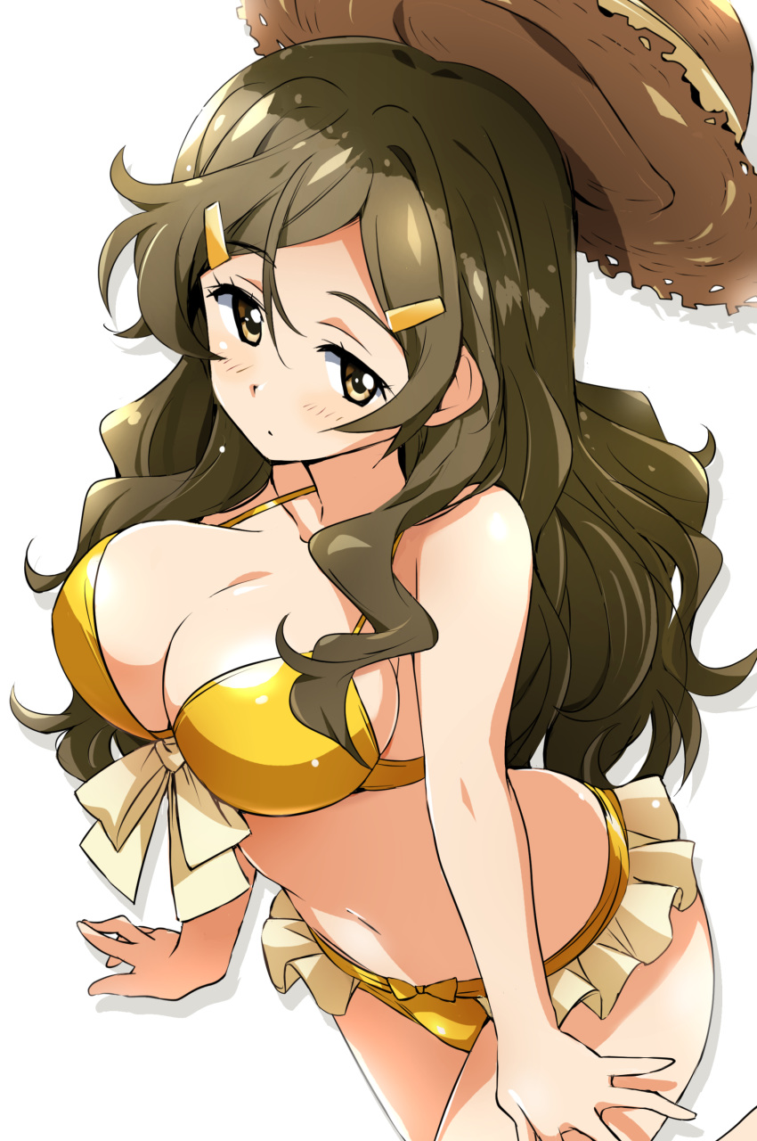 absurdres bikini breasts brown_eyes brown_hair commentary_request cowboy_shot hair_ornament hairclip hat hat_removed headwear_removed highres large_breasts long_hair looking_at_viewer shinomiya_himawari simple_background solo straw_hat swimsuit tokiani vividred_operation wavy_hair white_background yellow_bikini
