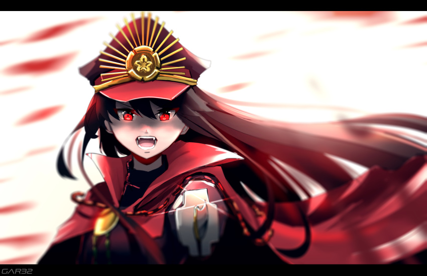absurdres artist_name brown_hair cape fangs fate/grand_order fate_(series) foreshortening hair_between_eyes hat highres katana letterboxed long_hair oda_nobunaga_(fate) open_mouth red_cape red_eyes shaded_face solo sword tegar32 weapon