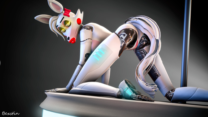 2018 3d_(artwork) animatronic anthro bexstin big_breasts breasts canine crossgender digital_media_(artwork) female five_nights_at_freddy's five_nights_at_freddy's_2 fox hair hi_res looking_at_viewer machine mammal mangle_(fnaf) nipples nude pinup pole pose pussy robot simple_background solo source_filmmaker stage video_games