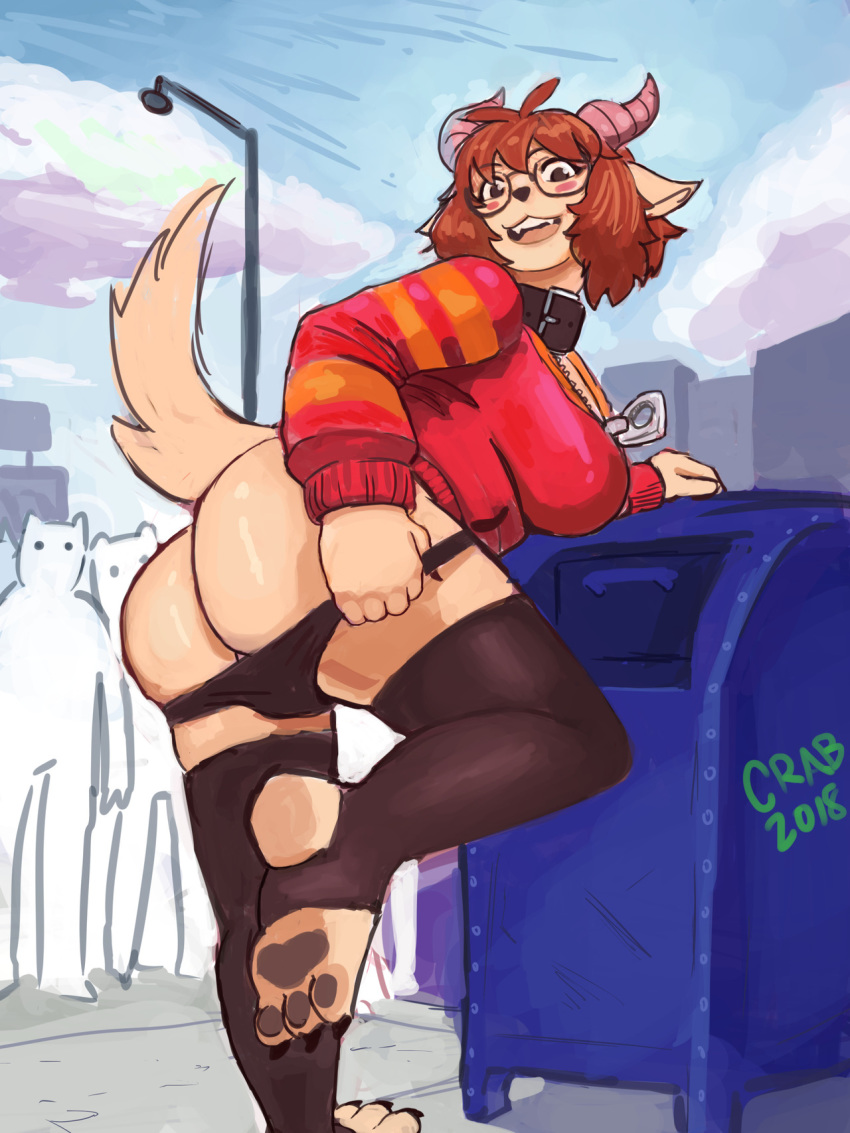 anthro butt canine caprine clothing collar dog exhibition eyewear female glasses goat goatdog horn legwear mammal panties presenting presenting_hindquarters public sinfulsecretcrabshack sweater thick_thighs underwear