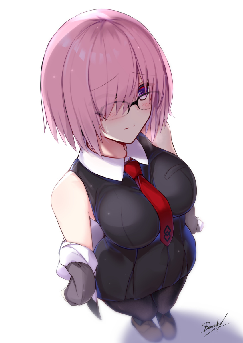 absurdres bad_id bad_pixiv_id bangs bare_shoulders bee_doushi black-framed_eyewear black_dress black_legwear blurry blurry_background blush breasts brown_footwear closed_mouth collared_shirt commentary_request depth_of_field dress eyebrows_visible_through_hair eyes_visible_through_hair fate/grand_order fate_(series) hair_over_one_eye highres jacket large_breasts long_sleeves mash_kyrielight necktie off_shoulder over-rim_eyewear pantyhose pink_hair pleated_dress purple_eyes red_neckwear semi-rimless_eyewear shirt shoes signature sleeveless sleeveless_dress sleeves_past_fingers sleeves_past_wrists solo standing white_background white_jacket