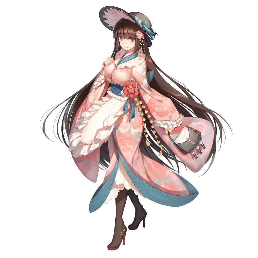 absurdres apron bag bangs bison_cangshu black_footwear black_hat blunt_bangs boots breasts brown_eyes brown_hair closed_mouth crossed_legs eyebrows_visible_through_hair floral_print flower frilled_sleeves frills full_body fusou_(zhan_jian_shao_nyu) hair_flower hair_ornament hand_on_own_chest handbag hat high_heel_boots high_heels highres holding japanese_clothes kimono large_breasts long_sleeves looking_at_viewer official_art pink_kimono seaplane smile solo transparent_background waist_apron watson_cross wide_sleeves zhan_jian_shao_nyu