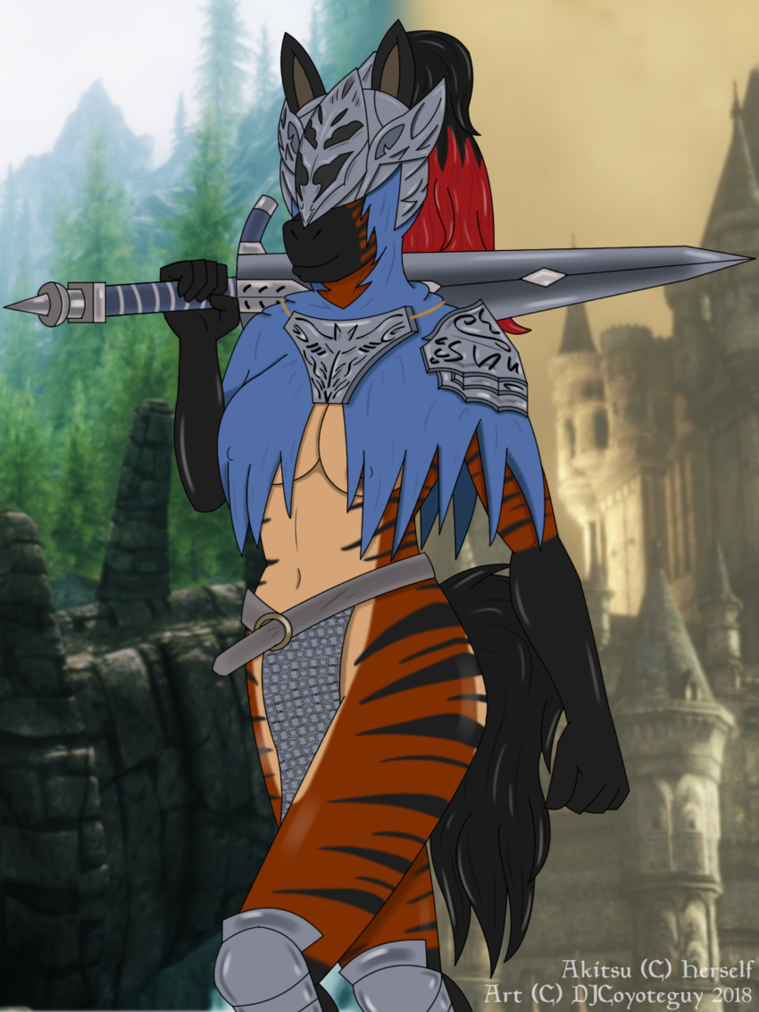 akitsu anthro armor breasts bridge castle crossover dark_souls djcoyoteguy equine fantasy female forest fromsoftware horse mammal melee_weapon navel nipples outside skyrim solo sword the_elder_scrolls tree unconvincing_armor video_games weapon
