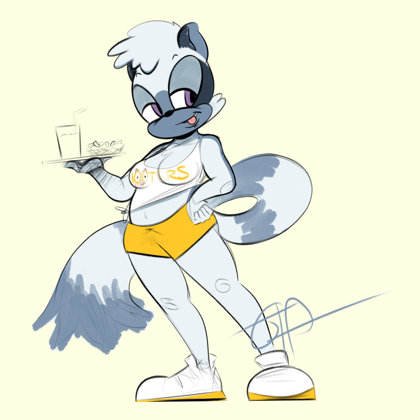 anthro breasts cheek_tuft clothing cup digital_media_(artwork) female food footwear fries fur grey_fur half-closed_eyes head_tuft holding_object hooters lemur looking_away mammal midriff ota_(artist) portrait primate purple_eyes shirt shoes shorts signature simple_background sketch small_breasts smile solo sonic_(series) standing striped_fur striped_tail stripes tangle_the_lemur tank_top tongue tongue_out tuft white_clothing yellow_clothing