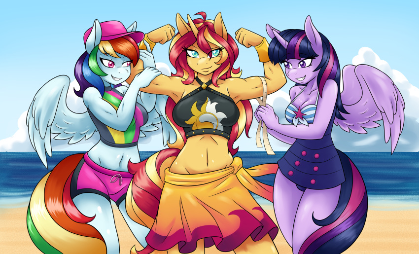2018 absurd_res ambris anthro anthrofied beach blue_eyes blue_feathers breasts cleavage clothed clothing cloud equestria_girls equine feathered_wings feathers female flexing friendship_is_magic group hair hat hi_res horn long_hair mammal midriff multicolored_hair multicolored_tail muscular muscular_female my_little_pony outside pegasus pink_eyes purple_eyes purple_feathers rainbow_dash_(mlp) rainbow_hair rainbow_tail seaside sky smile sunset_shimmer_(eg) tape_measure twilight_sparkle_(mlp) two_tone_hair unicorn winged_unicorn wings