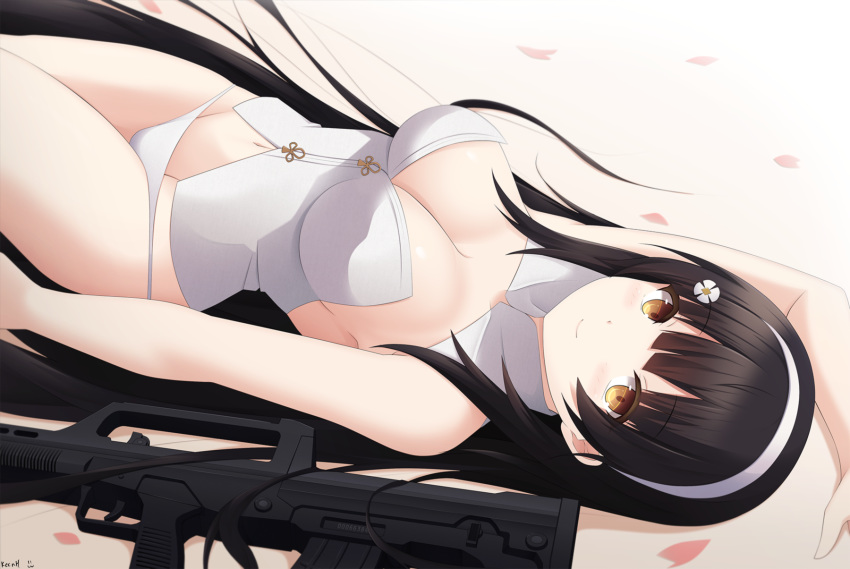 arm_up armpits artist_name assault_rifle bangs bare_arms bare_shoulders black_hair blush breasts bullpup cleavage closed_mouth corset detached_collar eyebrows_visible_through_hair girls_frontline groin gun hair_ornament hairclip handband highres keenh large_breasts long_hair looking_at_viewer lying navel object_namesake on_back panties petals qbz-95 qbz-95_(girls_frontline) rifle sleeveless smile solo underwear very_long_hair weapon white_corset white_panties yellow_eyes