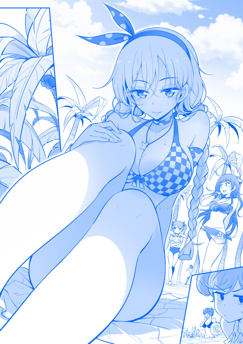 bangs beach between_breasts bikini blunt_bangs braid breasts bronya_zaychik character_request checkered checkered_bikini choker cleavage coconut coconut_tree comic eyebrows_visible_through_hair front-tie_bikini front-tie_top greyscale hairband highres hirakuneko honkai_impact innertube jewelry kiana_kaslana large_breasts long_hair looking_at_viewer monochrome multiple_girls murata_himeko necklace object_hug ocean open_mouth palm_tree partially_submerged raiden_mei seductive_smile sitting smile smirk solo_focus standing star sweat sweatdrop swimsuit tree twin_braids very_long_hair walking water