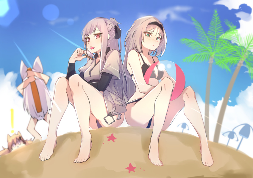 ak-12_(girls_frontline) an-94_(girls_frontline) animal_ears ball bare_arms bare_legs bare_shoulders barefoot beach beachball bikini black_bikini black_bow black_ribbon blonde_hair blue_eyes blush bow braid breasts character_request closed_mouth day eyebrows_visible_through_hair french_braid girls_frontline hair_ornament hair_ribbon hairband hairclip highres holding holding_ball idw_(girls_frontline) jacket knees_together_feet_apart long_hair long_sleeves looking_at_viewer lying medium_breasts multiple_girls on_stomach open_mouth palms purple_eyes red_eyes ribbon sand short_sleeves silver_hair simple_background sitting sky smile starfish swimsuit very_long_hair wan_ban