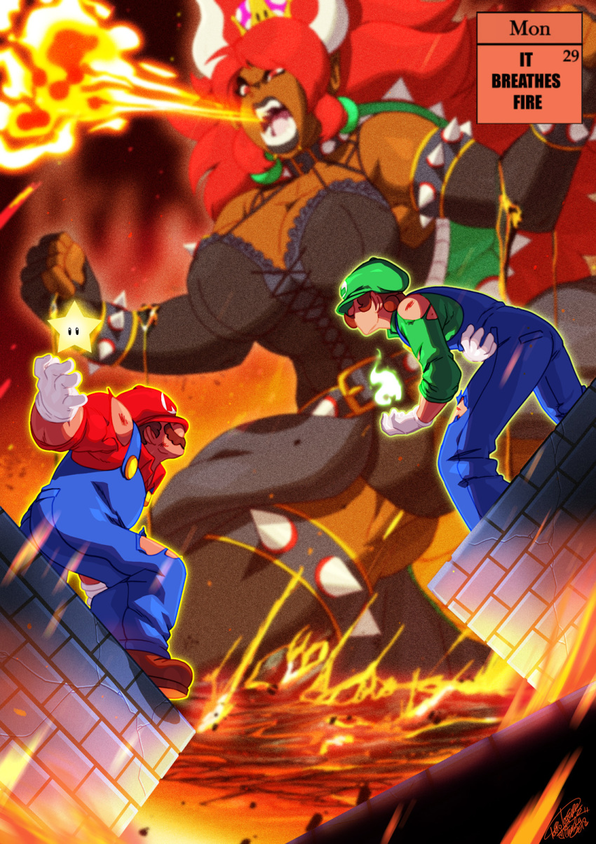 2boys alternate_hair_color alternate_skin_color bare_shoulders battle big_hair black_collar black_gloves black_lipstick bowsette bracelet breasts breathing_fire broad_shoulders cleavage collar corset cross-laced_clothes crown curvy dark_skin dress earrings elbow_gloves embroidery eyebrows eyelashes eyeliner facial_hair fangs fighting fingerless_gloves fire fireball gloves gold_trim green_earrings green_hat hair_over_one_eye hat high_ponytail highres huge_breasts jewelry lace_trim large_breasts lips lipstick long_hair luigi makeup mario mario_(series) mascara mini_crown molten_rock multiple_boys mustache new_super_mario_bros._u_deluxe nose open_mouth overalls pelvic_curtain princess red_eyes red_hair red_hat signature spaghetti_strap spiked_armlet spiked_bracelet spiked_collar spiked_shell spikes star super_crown thick_eyebrows torn_clothes tovio_rogers white_gloves