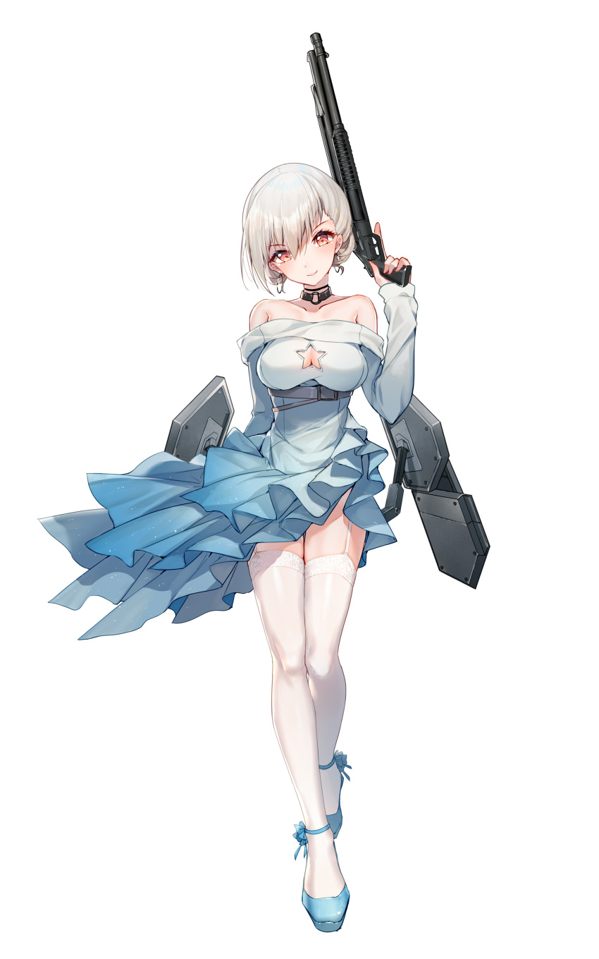 absurdres bangs bare_shoulders bison_cangshu black_collar blue_dress blue_footwear breasts cleavage cleavage_cutout collar collarbone dress earrings eyebrows_visible_through_hair frilled_dress frills full_body garter_straps girls_frontline gun head_tilt high_heels highres holding holding_weapon jewelry long_sleeves looking_at_viewer medium_breasts o-ring official_art red_eyes rmb-93 rmb-93_(girls_frontline) shoes short_hair shotgun silver_hair simple_background smile snowflakes solo star_cutout strapless strapless_dress thighhighs trigger_discipline weapon white_background white_legwear zettai_ryouiki