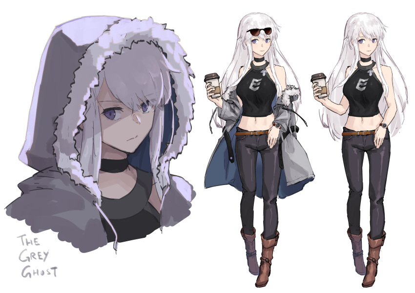 absurdres alternate_costume azur_lane belt black_pants black_shirt boots brown_footwear choker coffee_cup cup disposable_cup english enterprise_(azur_lane) expressionless eyewear_on_head full_body fur-trimmed_hood highres hood hooded_jacket jacket jacky5493 long_hair midriff multiple_views navel off_shoulder pants portrait purple_eyes shirt silver_hair simple_background sleeveless sleeveless_shirt standing sunglasses variations watch white_background wristwatch