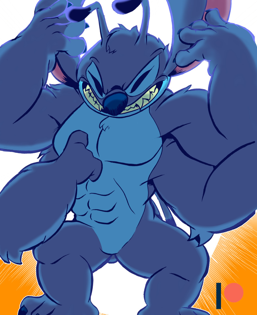 2018 4_arms abs absurd_res alien antennae anthro back_spines backlighting blue_claws blue_fur blue_nose chest_tuft claws clenched_teeth digital_drawing_(artwork) digital_media_(artwork) dipstick_antennae disney elbow_tufts experiment_(species) featureless_crotch fur grin head_tuft hi_res iyzeekiil lilo_and_stitch male multi_arm multi_limb muscular muscular_male nude patreon pecs sharp_teeth small_tail smile solo stitch teeth toe_claws tuft