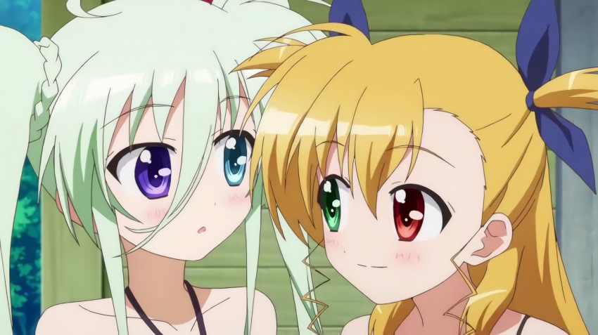 2girls blonde_hair blush einhart_stratos green_hair happy heterochromia long_hair looking_at_another lyrical_nanoha mahou_shoujo_lyrical_nanoha mahou_shoujo_lyrical_nanoha_vivid multiple_girls screencap smile vivio yuri