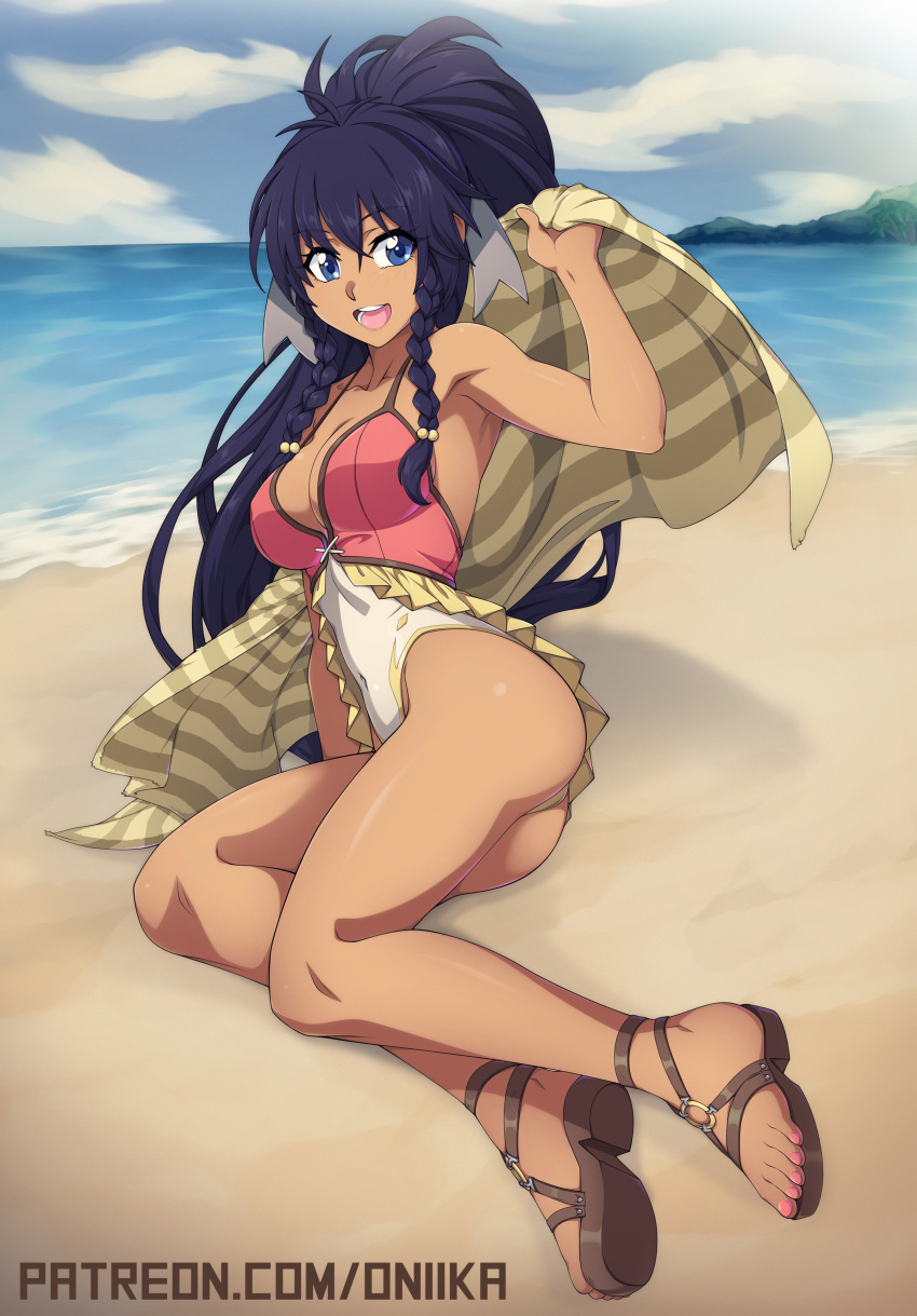 absurdres armpits ass beach blue_eyes blue_hair braid breasts brown_footwear cleavage commentary covered_navel dark_skin day english_commentary fire_emblem fire_emblem:_seima_no_kouseki fire_emblem_heroes full_body highleg highleg_swimsuit highres long_hair lying medium_breasts o-ring ocean on_side open_mouth patreon_username ponytail sandals side_braids smile solo spike_wible strap_gap swimsuit tan tana toenail_polish toes towel twin_braids