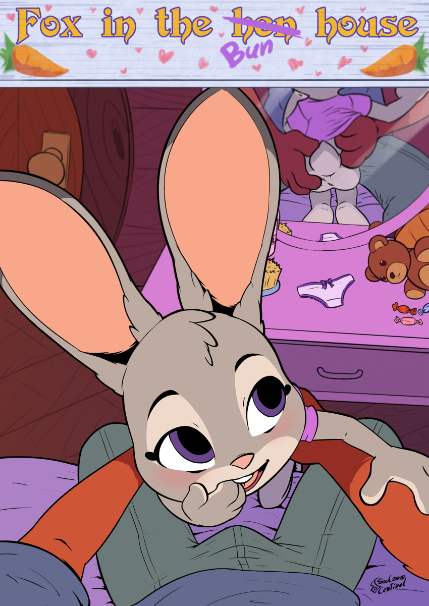 &lt;3 2018 age_difference anthro anus bed bedroom blush bottomless buckteeth bulge butt canine carrot clothed clothing cub discarded_clothing disney duo faceless_male female food fox fur hand_in_mouth inside judy_hopps lagomorph male male/female mammal mirror nick_wilde open_mouth panties pants purple_eyes rabbit shirt sitting size_difference soulcentinel spread_anus spreading teeth text underwear vegetable young zootopia