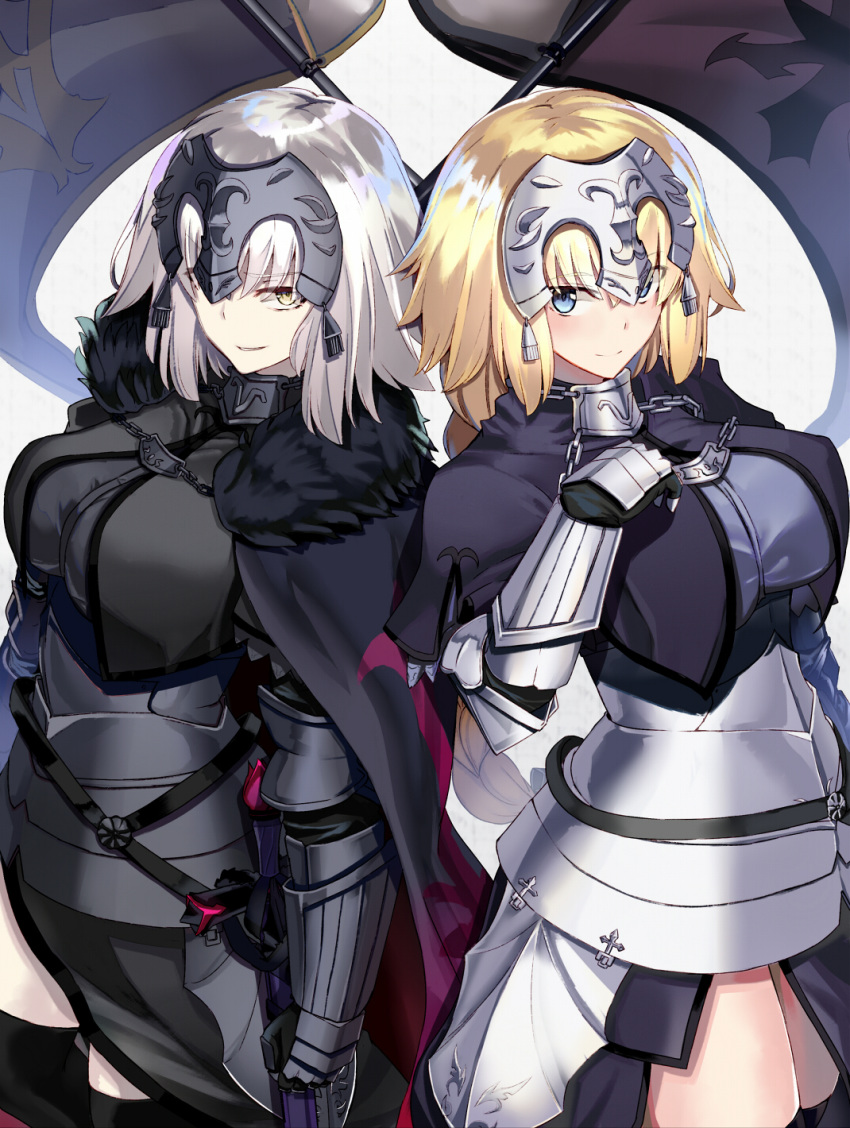 black_legwear blonde_hair blue_eyes breasts circlet commentary_request dual_persona fate/grand_order fate_(series) flag highres jeanne_d'arc_(alter)_(fate) jeanne_d'arc_(fate) jeanne_d'arc_(fate)_(all) large_breasts long_hair looking_at_viewer multiple_girls ninoude_(ninoude44) silver_hair smirk thighhighs thighs yellow_eyes