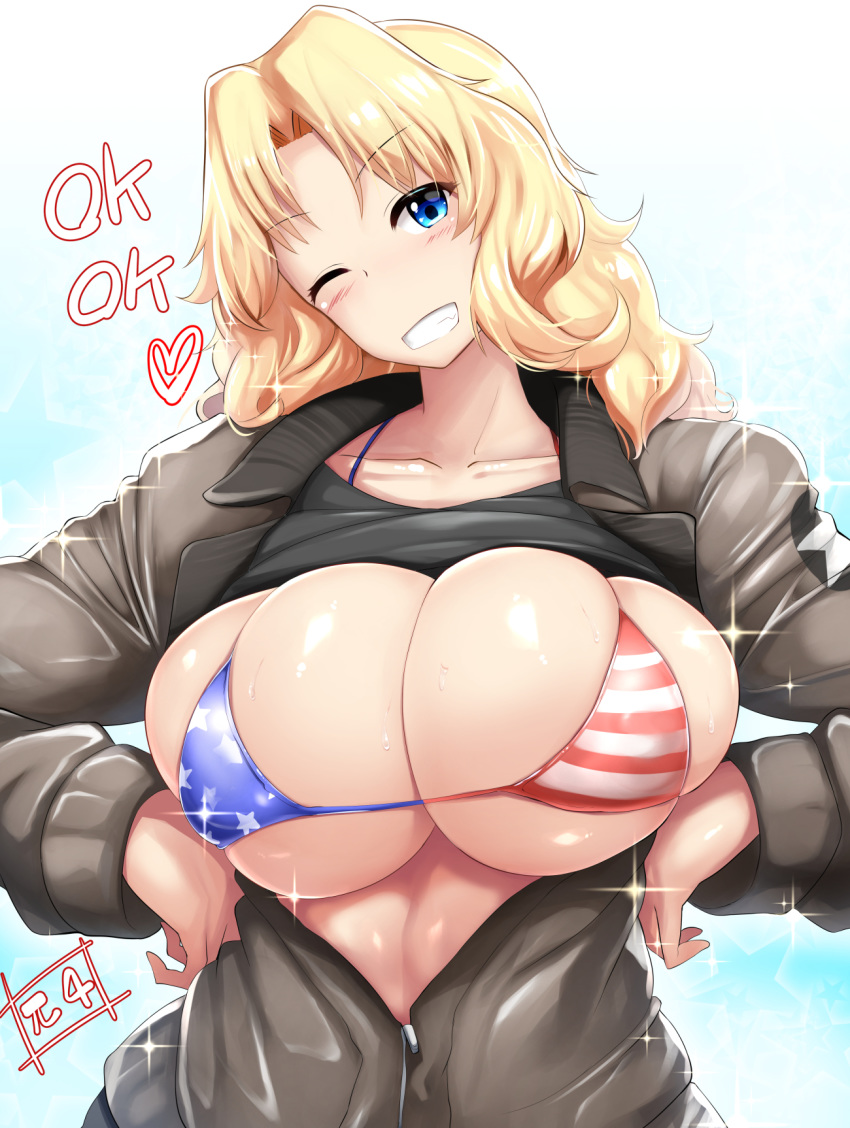 american_flag_bikini bikini blonde_hair blue_eyes bomber_jacket breasts collarbone commentary_request flag_print girls_und_panzer grin highres huge_breasts jacket kay_(girls_und_panzer) long_hair looking_at_viewer mizuyan one_eye_closed open_clothes open_jacket skindentation smile solo swimsuit