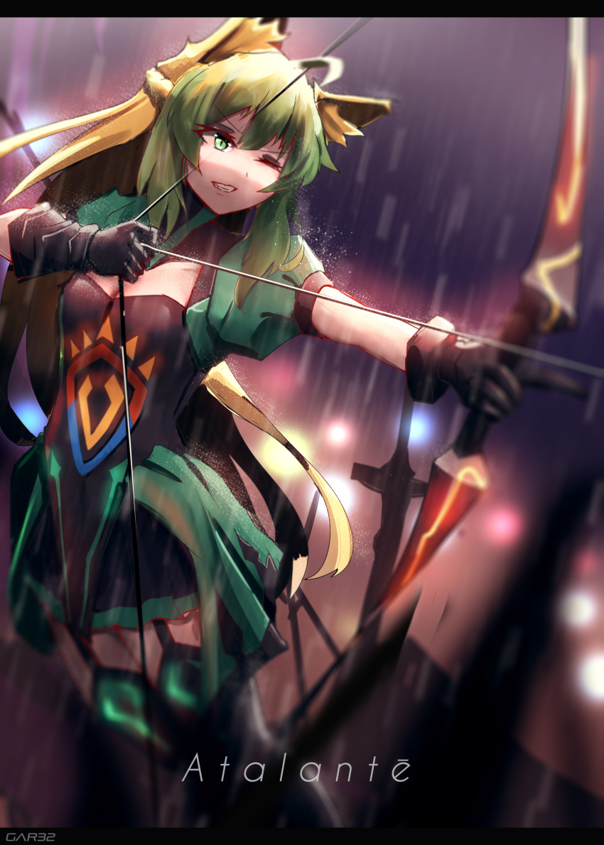 absurdres ahoge animal_ears arrow artist_name atalanta_(fate) black_gloves blonde_hair bow_(weapon) breasts character_name drawing_bow fate/apocrypha fate/grand_order fate_(series) garter_straps gloves green_eyes green_hair hair_between_eyes highres letterboxed long_hair multicolored_hair one_eye_closed small_breasts solo tegar32 thighhighs thighs weapon