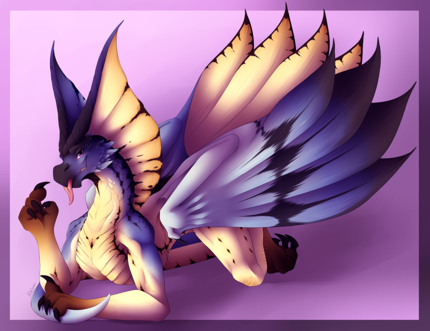 2018 4_toes anthro blue_scales capcom claws crest dei digital_media_(artwork) dragon hindpaw legiana looking_at_viewer lying markings membranous_wings monster_hunter monster_hunter_world nude paws pose purple_eyes saliva scales simple_background smile solo tail_grab teeth toe_claws toes tongue tongue_out video_games wings wyvern