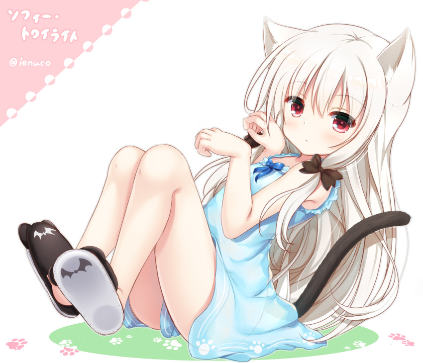 animal_ear_fluff animal_ears bangs black_footwear blue_bow blue_dress bow cat_ears cat_girl cat_tail closed_mouth commentary_request dress eyebrows_visible_through_hair hair_between_eyes hair_ornament hands_up highres kemonomimi_mode long_hair looking_at_viewer paw_pose red_eyes shizukawashi_sumi shoe_soles sidelocks silver_hair sitting sleeveless sleeveless_dress slippers solo sophie_twilight tail tonari_no_kyuuketsuki-san twitter_username very_long_hair white_background