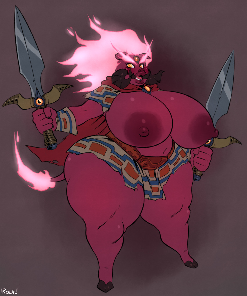 anthro areola big_areola big_breasts boar breasts clothed clothing digital_media_(artwork) erect_nipples female ganon holding_object huge_breasts looking_at_viewer mammal melee_weapon multi_eye navel nintendo nipples open_mouth overweight overweight_female partially_clothed porcine roly sharp_teeth solo standing sword teeth the_legend_of_zelda thick_thighs tongue video_games voluptuous weapon wide_hips
