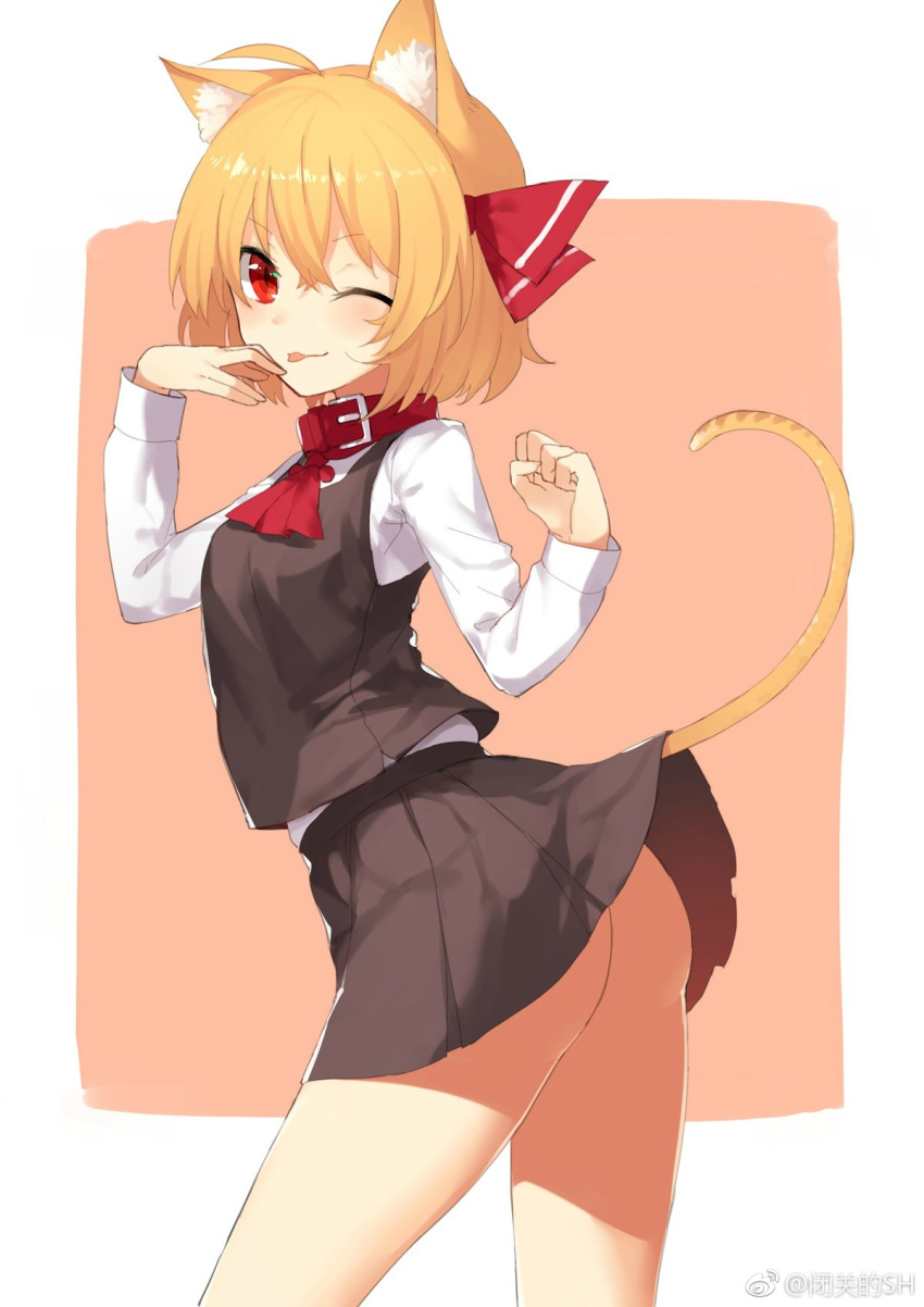 ;p ahoge animal_ears ascot ass bangs bare_legs black_skirt black_vest blonde_hair cat_ears cat_tail closed_mouth cowboy_shot hair_between_eyes hair_ribbon hands_up highres kemonomimi_mode long_sleeves looking_at_viewer miniskirt no_panties one_eye_closed paw_pose red_collar red_eyes red_neckwear red_ribbon ribbon rumia sh_(562835932) shirt short_hair skirt skirt_set solo standing tail tongue tongue_out touhou two-tone_background vest weibo_logo white_shirt