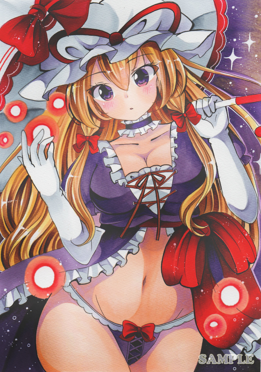 :o babydoll bow breasts choker cowboy_shot cross-laced_clothes cross-laced_panties frilled_choker frills gloves groin hair_between_eyes hair_bow hands_up hat hat_ribbon head_tilt highres holding holding_umbrella large_breasts lingerie long_hair looking_at_viewer maccha_xxxxxx marker_(medium) midriff mob_cap navel negligee no_pants panties purple_babydoll purple_choker purple_panties red_bow red_ribbon ribbon sample solo sparkle stomach touhou traditional_media umbrella underwear watermark white_gloves white_hat wide_hips yakumo_yukari
