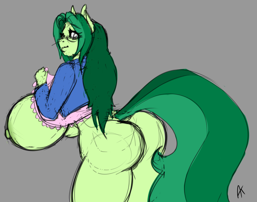 anthro appel appelknekten big_breasts bottomless breasts butt clothed clothing colored_sketch crossgender earth_pony equine eyewear female glasses horse huge_breasts hyper hyper_breasts looking_back mammal my_little_pony nipples pony solo standing thick_thighs voluptuous